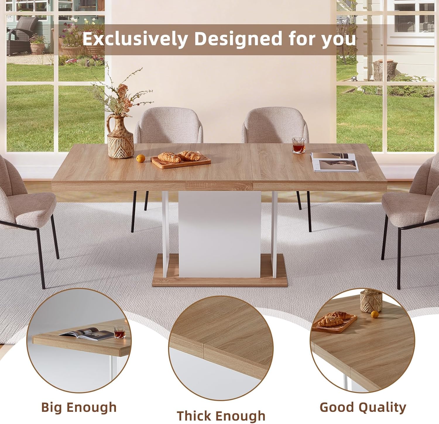 Dining Table Extendable 63 in-79 in for 4-8 Expandable Wood Rectangle with Fluted Base for Dining Room Kitchen Living Room Furniture Natural