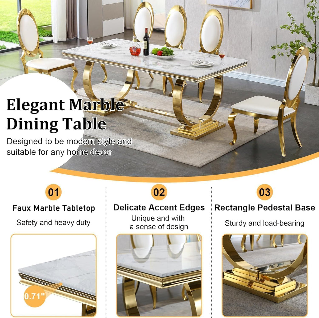 68' White Marble Dining Table for 6-8, Mid Century Modern Dining Table with Faux Marble Top & Gold O Shape Stainless Steel Base, Large Luxury Rectangular Dinner Table for Kitchen Dining Room