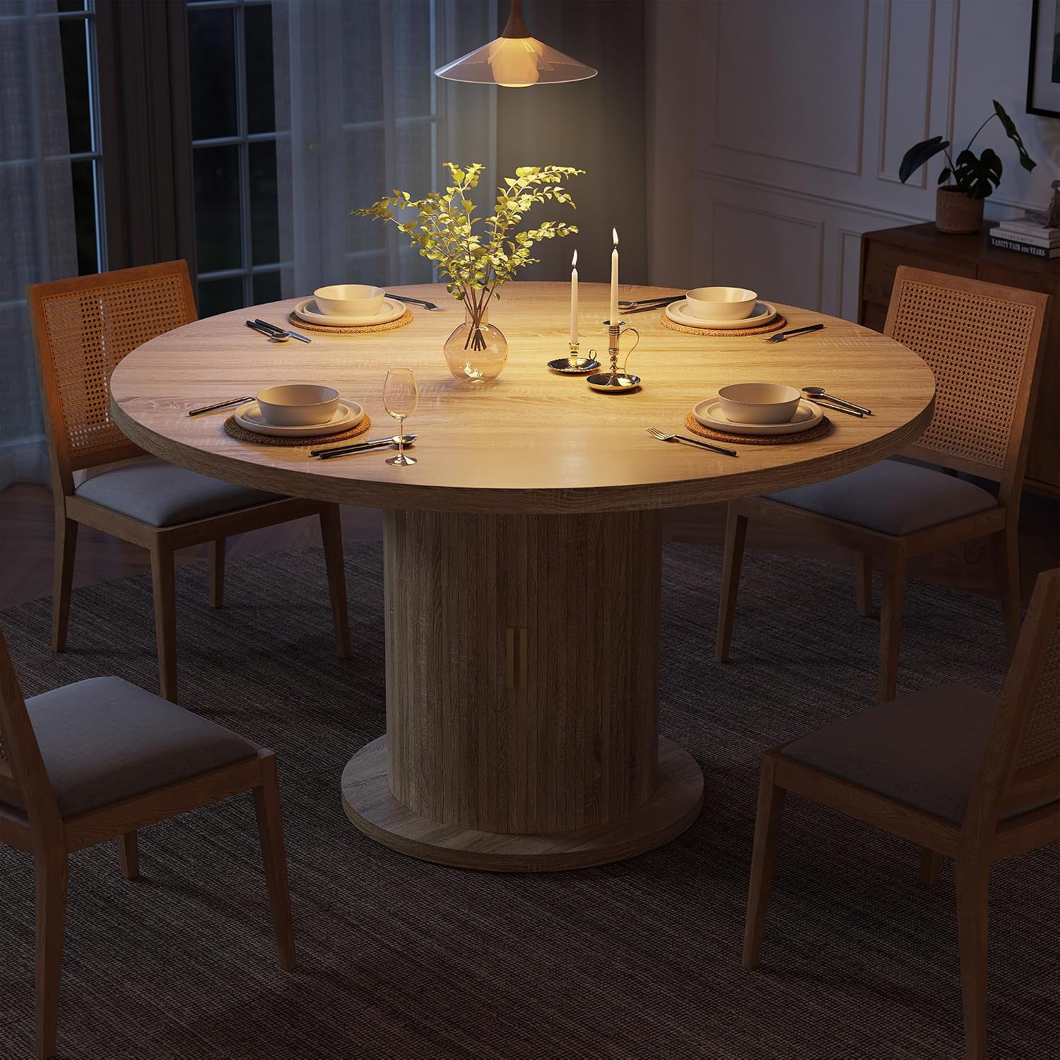 Round Dining Table for 4-6, 43.3' Modern Farmhouse Kitchen Table with Hidden Storage & Tambour Door, Japandi Style Wood Pedestal Circle Table for Small Spaces, Apartment, Dining Room, Classic Oak