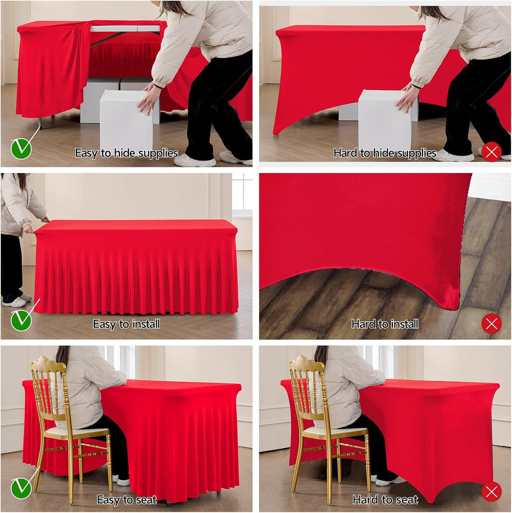 Outpain 6ft Spandex Polyester Blend Tablecloth for Standard Folding Tables - 6 Pack Red Table Protector for Party, Wedding, Banquet, Festival