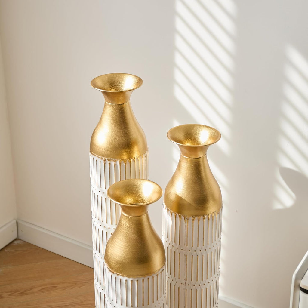 Gold-White Metal Floor Vase Set - 3D Floral Relief Cylinder Vases for Living Room, Entryway & Office Decor, Rustproof Tall Standing Home Décor 24in/28.7in/33.5in