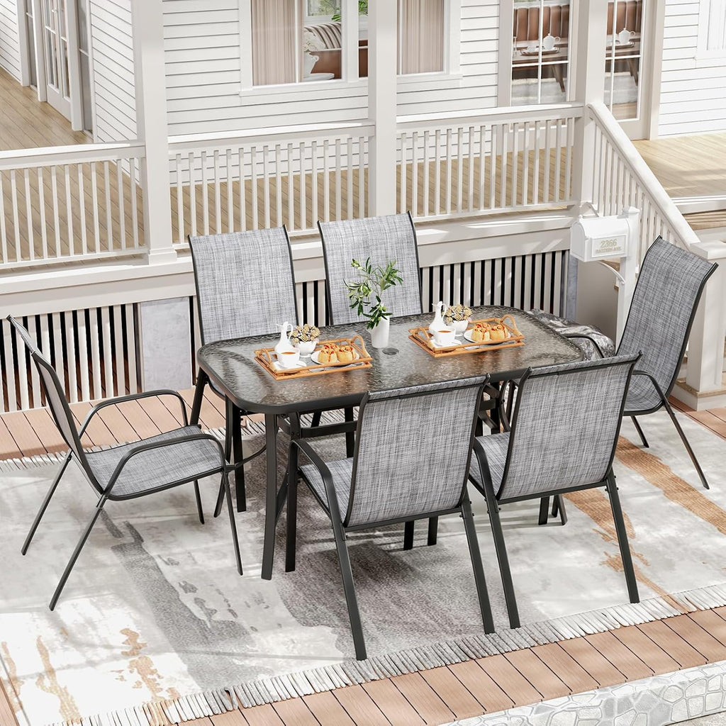 TLSUNNY 7 Pieces Patio Dining Set, Outdoor Table and Chairs W/1.69″ Umbrella Hole, 30'X 55' Table and Stackable Textilene Chair, All Weather Patio Furniture Set (Umbrella not Included) (Grey)