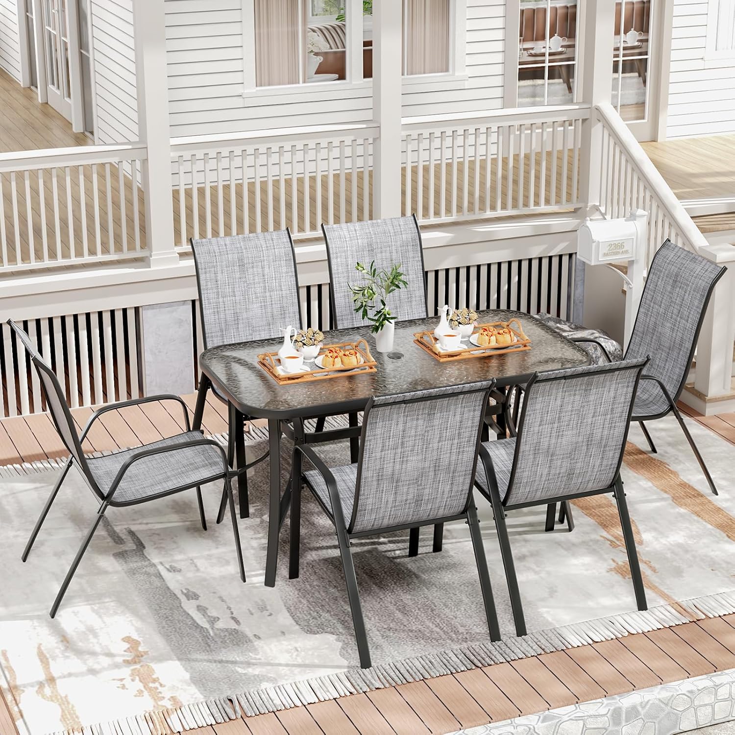 TLSUNNY 7 Pieces Patio Dining Set, Outdoor Table and Chairs W/1.69″ Umbrella Hole, 30'X 55' Table and Stackable Textilene Chair, All Weather Patio Furniture Set (Umbrella not Included) (Grey)