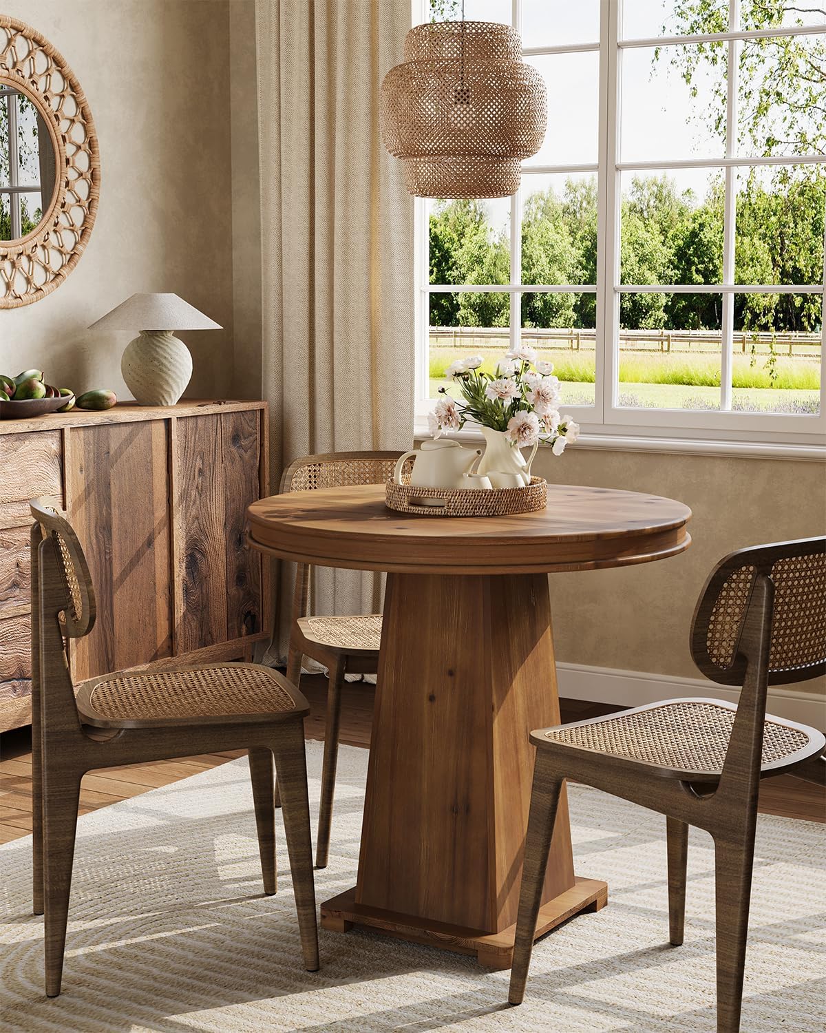LITTLE TREE Solid Wood Round Dining Table, 31.5' Small Kitchen Table for 2, Modern Farmhouse Dinner Table for Dining Room, Kitchen, Living Room, Artistic Geometric Base, Table Only (Rustic Brown) 2PCS