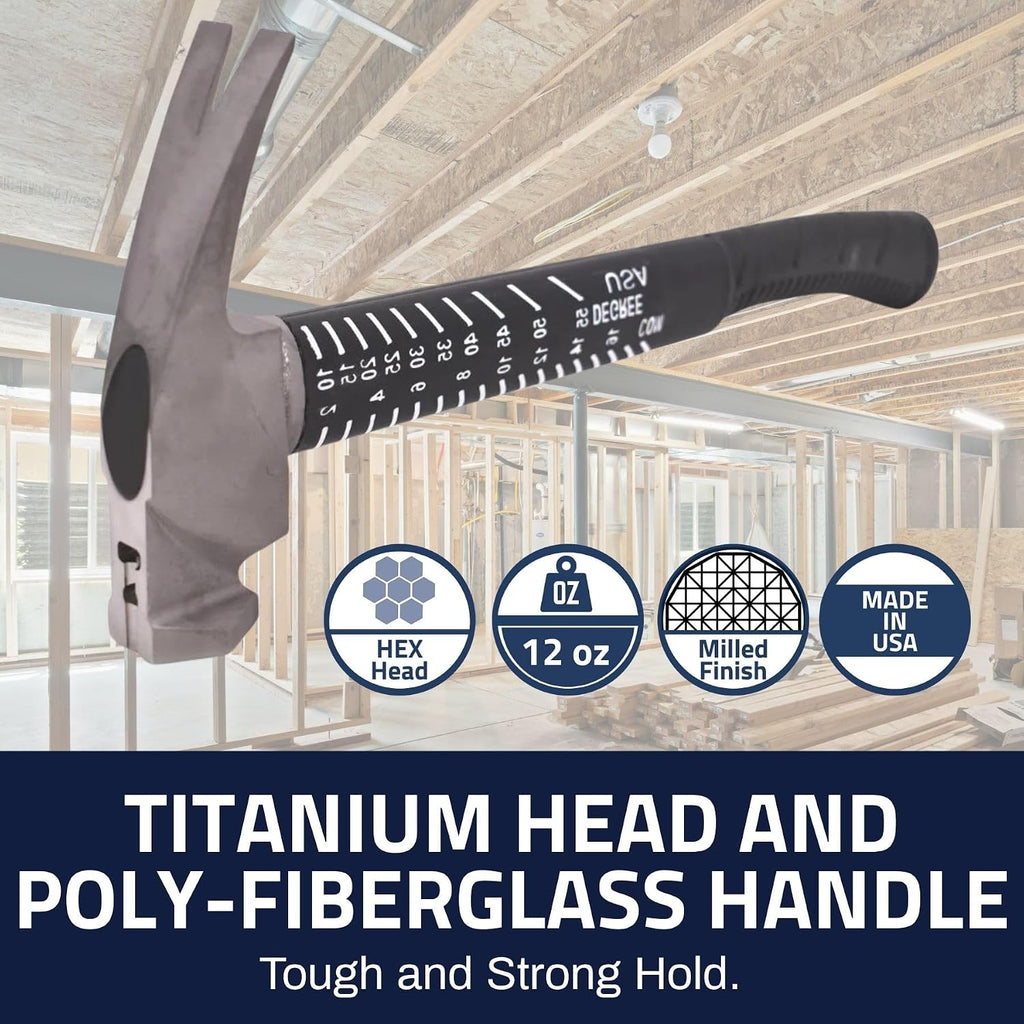 Boss Hammer 12 oz. Construction Grade Ti64 Titanium Hammer with Tough-Fiber Shock-Absorbing Fiberglass Handle - No-Slip Grip, Milled Faced - Made in USA - BH12TIPFM