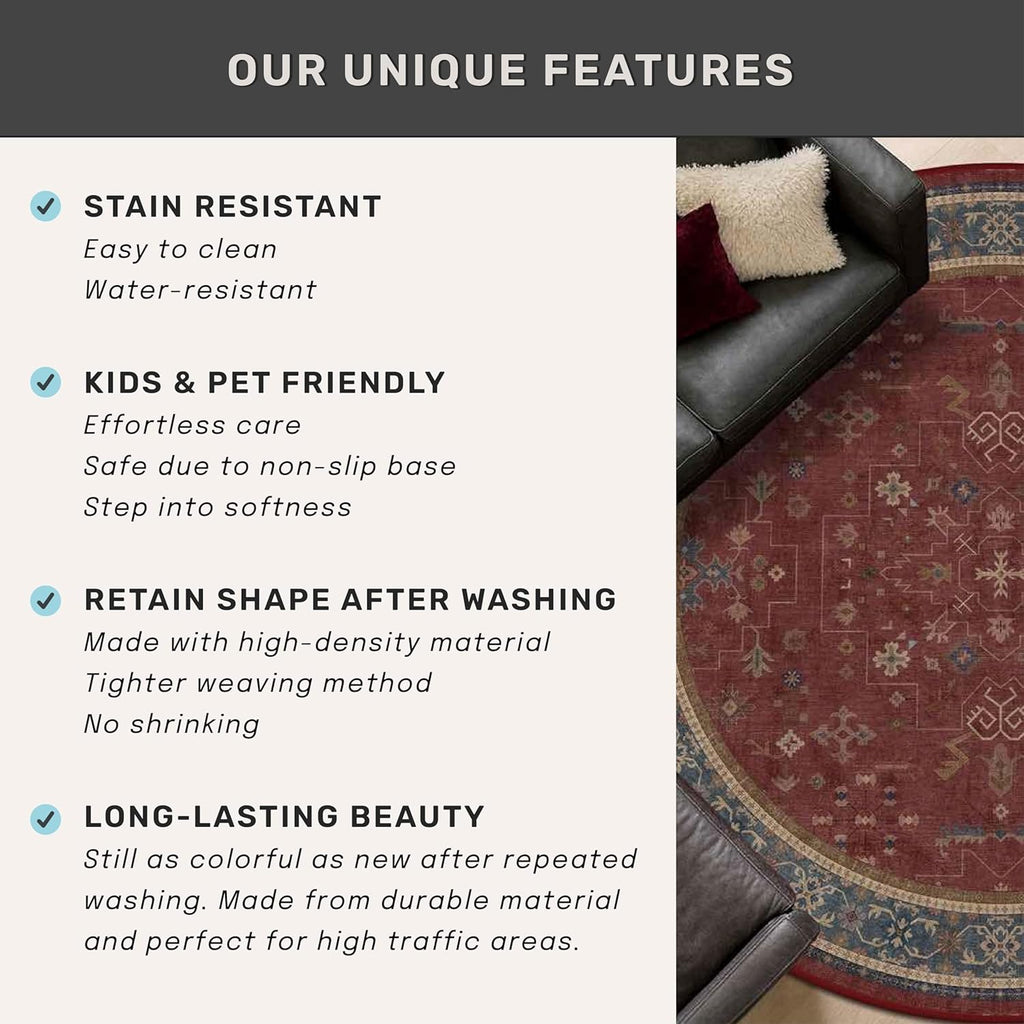 8ft Burgundy Round Rug for Living Room, Untra Large Vintage Washable Soft Area Rug for Dining Room, Bedroom Under Bed, Non Slip Low Pile Stain & Fade Resistant, Boho Geometric Floral Décor Indoor