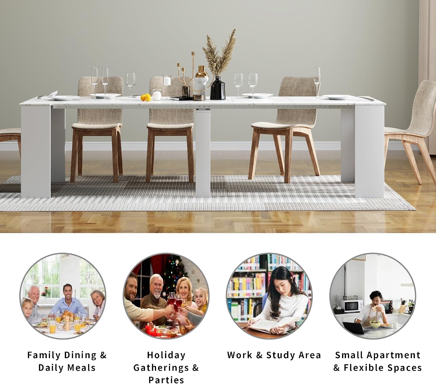 Expandable Dining Table, Transformer Console to Dining Table for 12 People, Folding Space Saving Dining Room Table with Elegant Faux Marble Top, Marble White