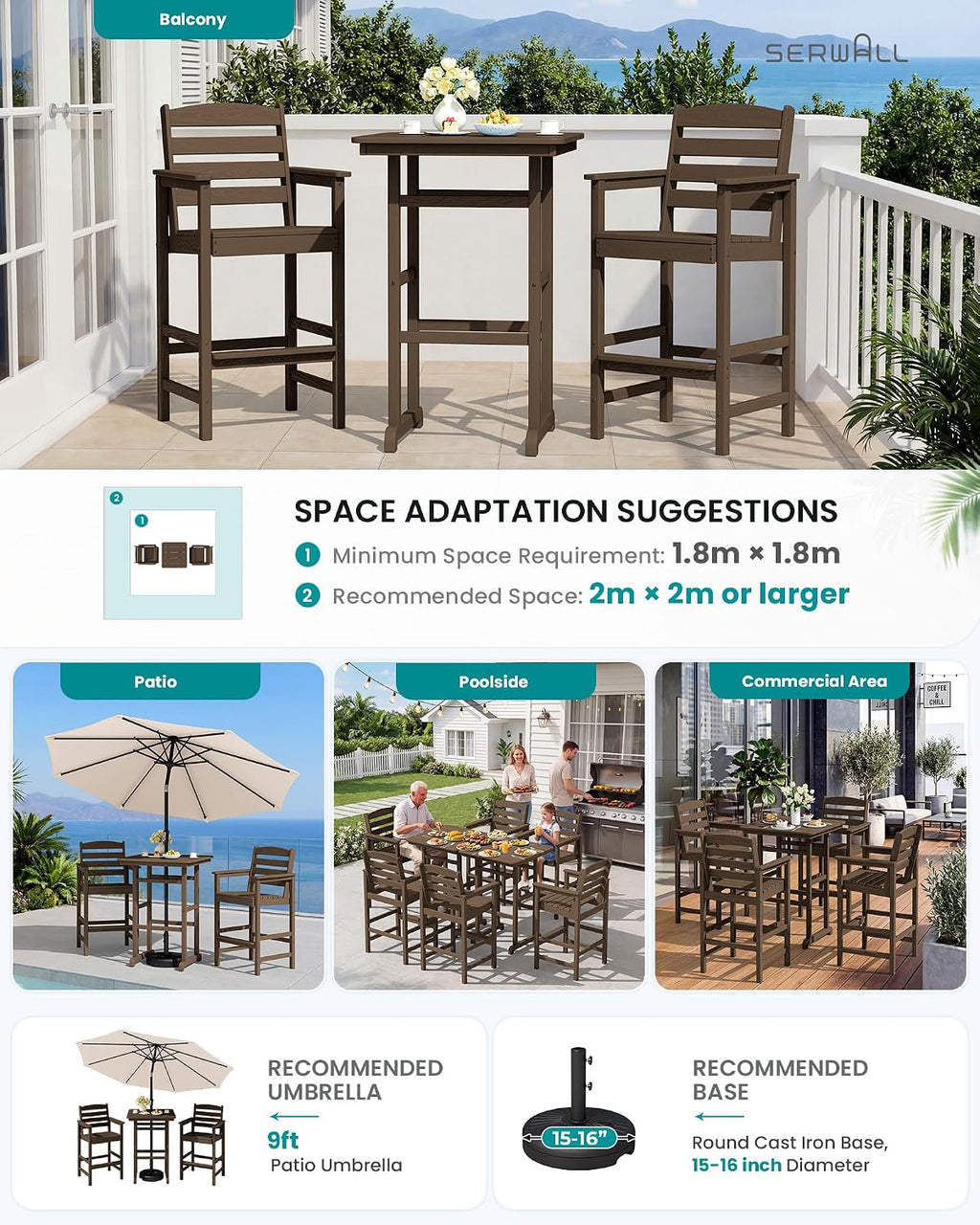 SERWALL HDPE Outdoor Patio Bar Set, Tall Adirondack Bar Chair and Table Set (Coffee, 3 pcs)