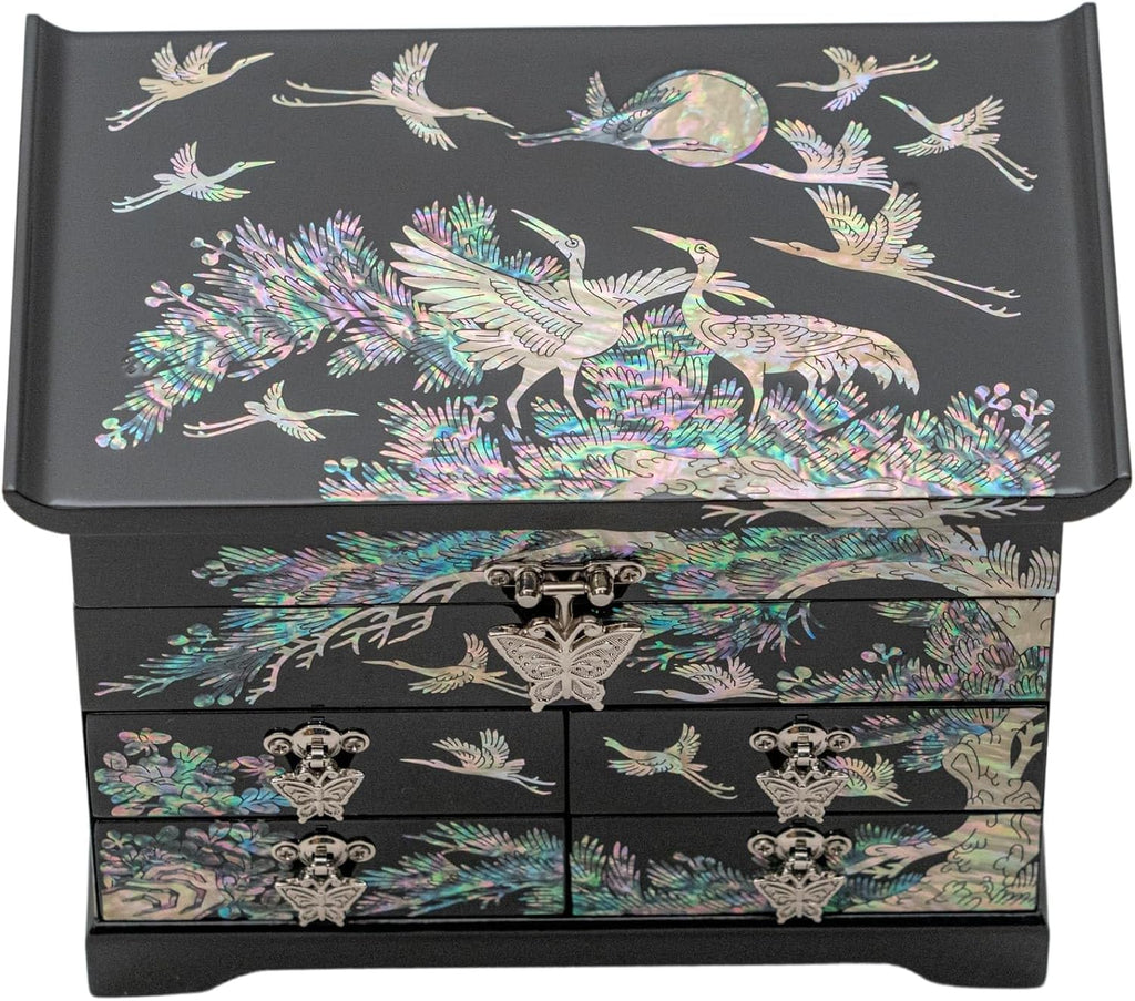 February Mountain Mother of Pearl Wooden Jewelry Organizer Box – Jewelry Storage Box for Women, Features Spacious Drawers, Ideal for Rings, Bracelets, Watches, Chains, Accessories (Crane_Black)