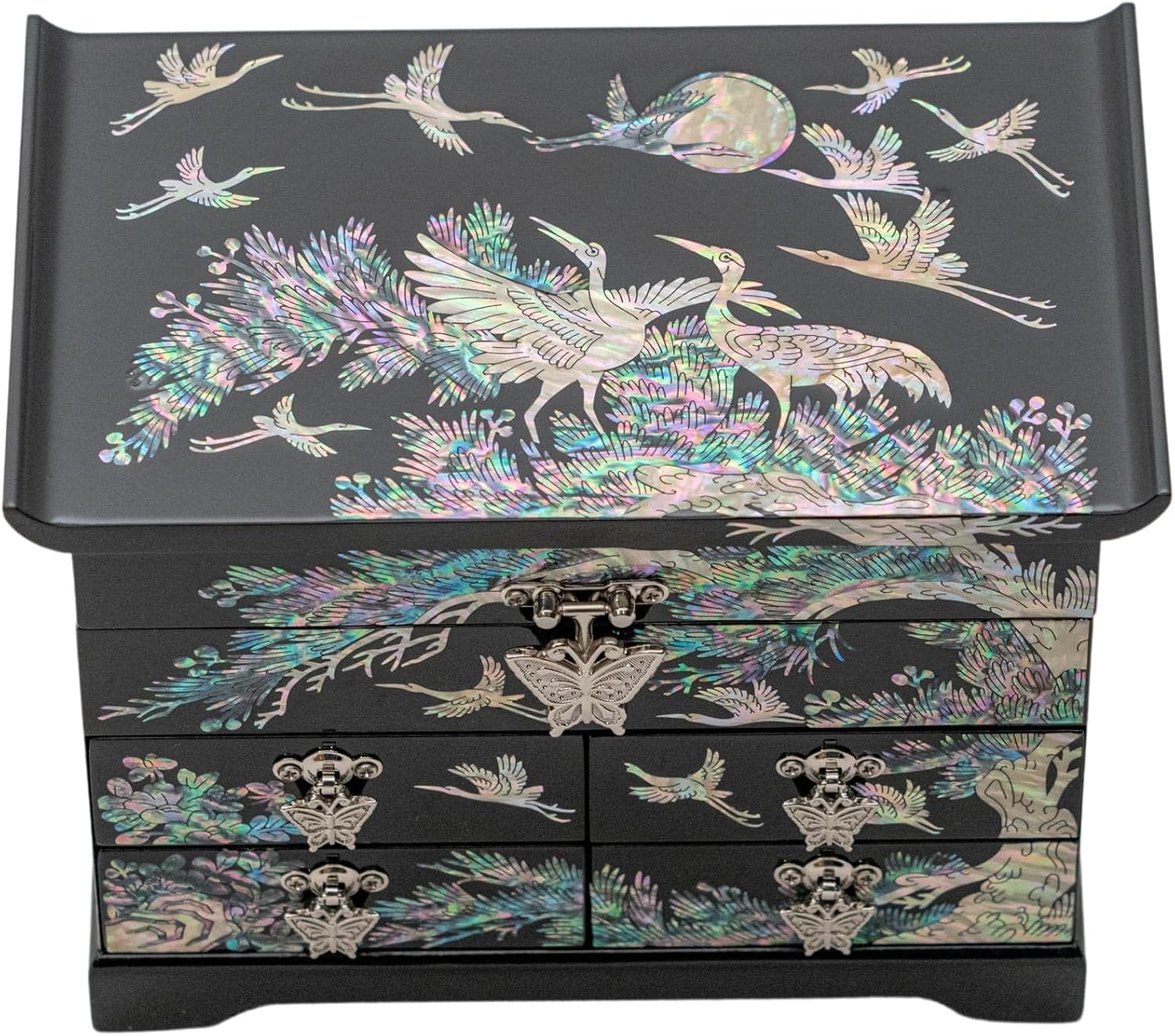 February Mountain Mother of Pearl Wooden Jewelry Organizer Box – Jewelry Storage Box for Women, Features Spacious Drawers, Ideal for Rings, Bracelets, Watches, Chains, Accessories (Crane_Black)