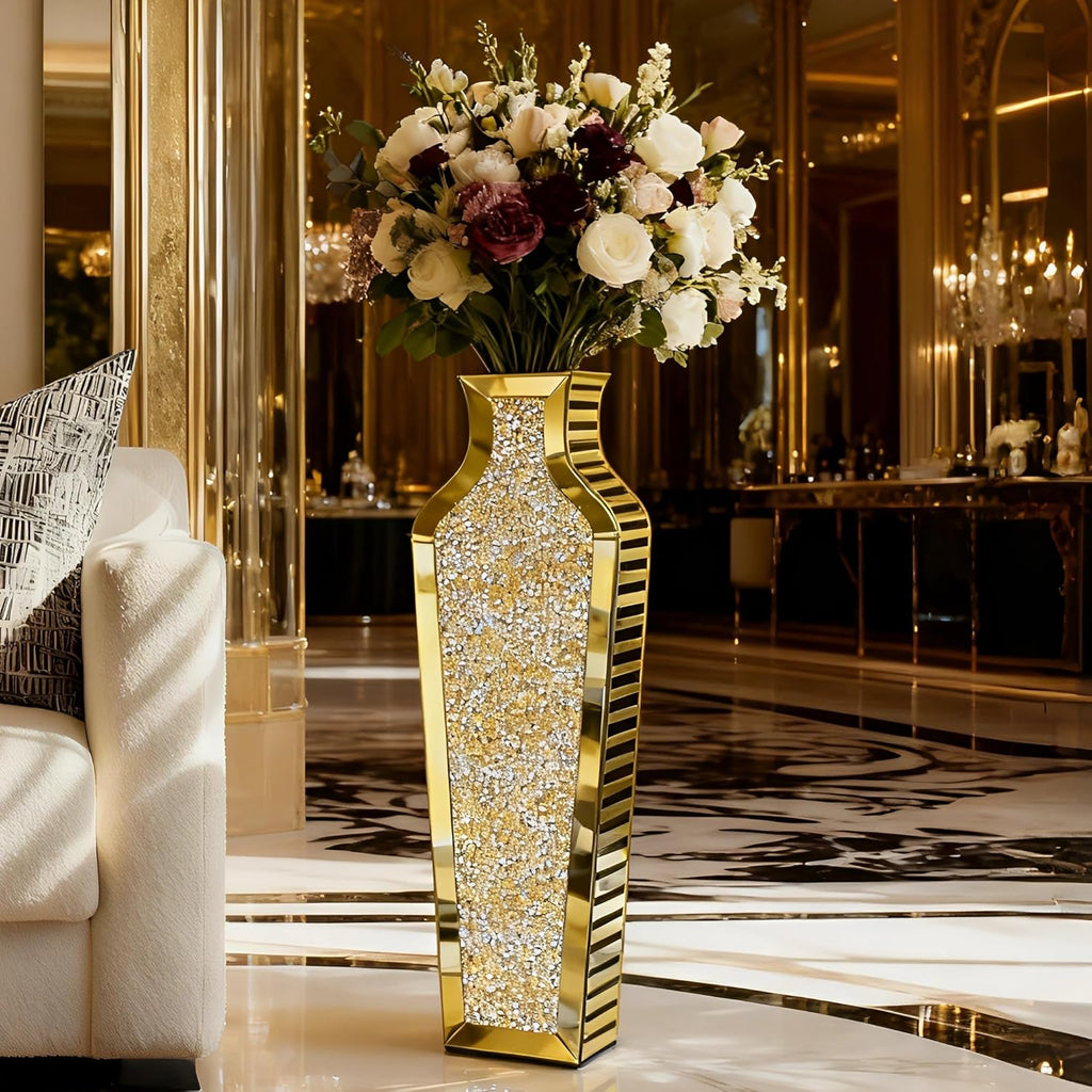 SHYFOY Gold Crushed Diamond Floor Vase, Large Mirrored Tall Vases for Floor, Modern Glass Decorative Vases for Living Room Bedroom Home Corner Indoor Office, 26.8' Tall