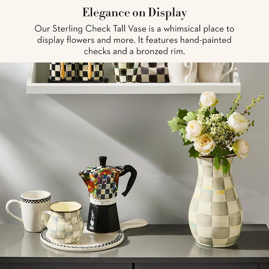 MACKENZIE-CHILDS Tall Enamel Vase, Unique Flower-Vase Decor for Living Room, Gray-and-White Sterling Check