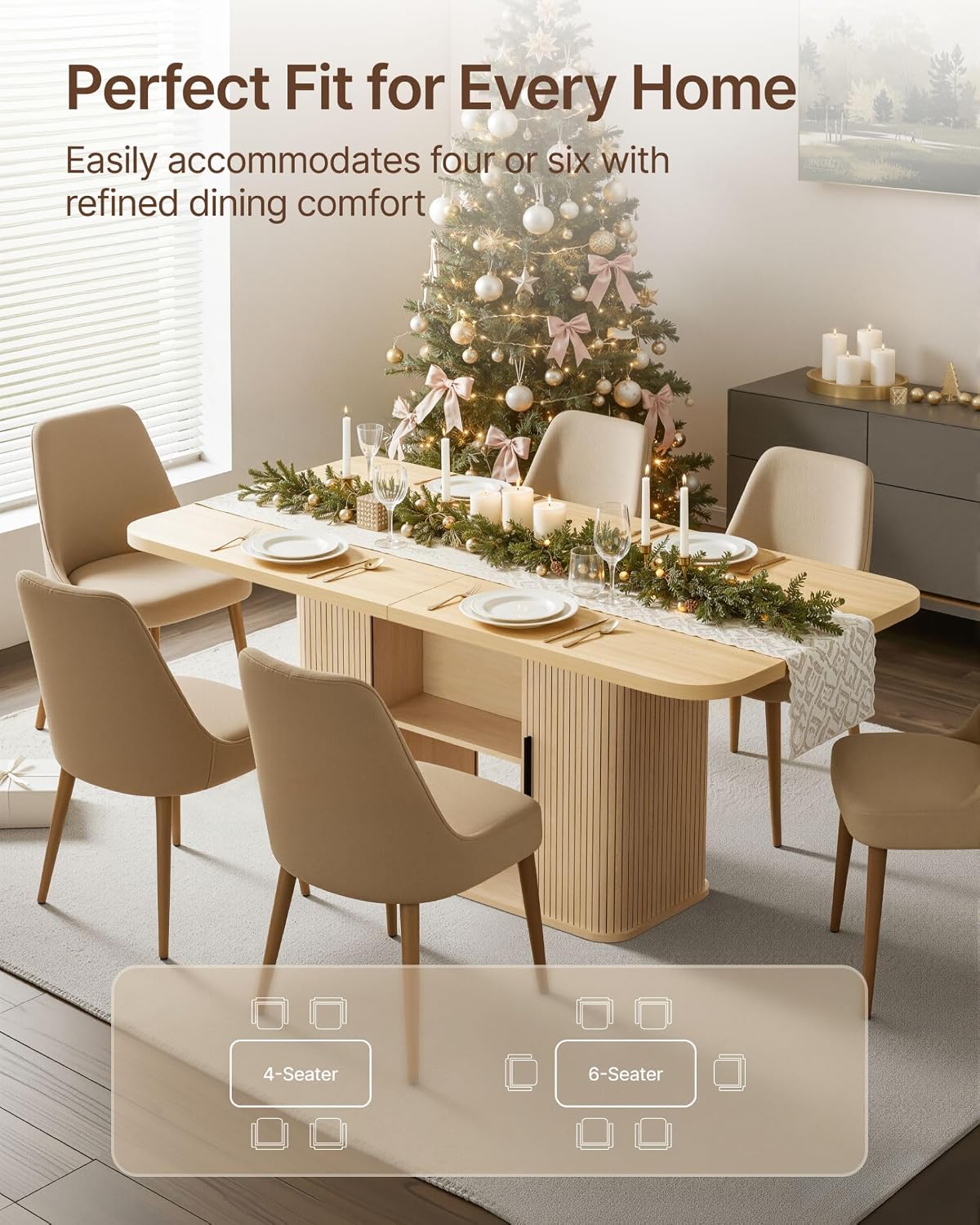 SUNCOZE Mid-Centur Dinner Tables for 4/6/8, 70.9' Rectangle Dining Room Table with Large Tabletop and Sliding Tambour Doors, Fluted Dining Table 2-Layer Storage for Kitchen and Living Room, Wood