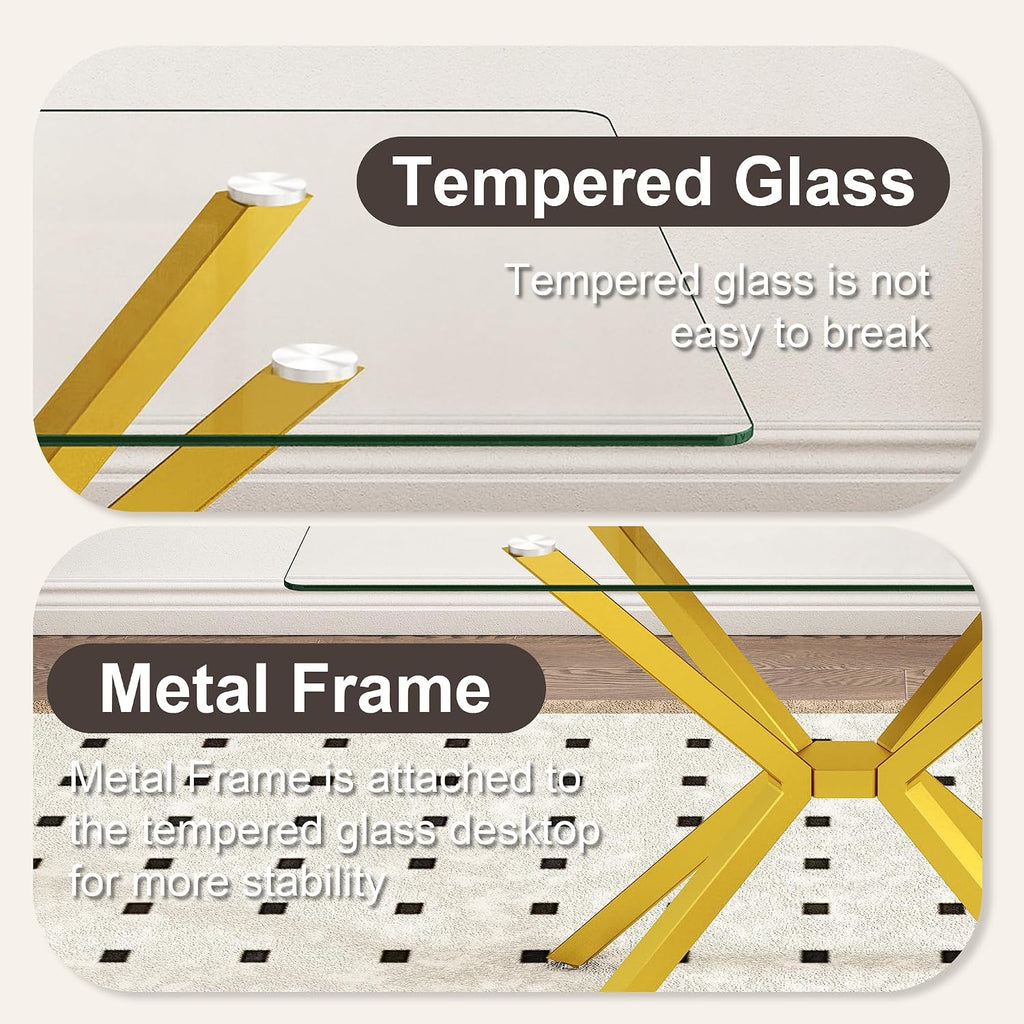 Dining Table Modern Tempered Glass Dinner Table, Rectangle Kitchen Table with Sturdy Metal Legs, Contemporary Minimalist Design, Ideal for Dining Room, Kitchen, or Small Spaces (Golden, 47.24')