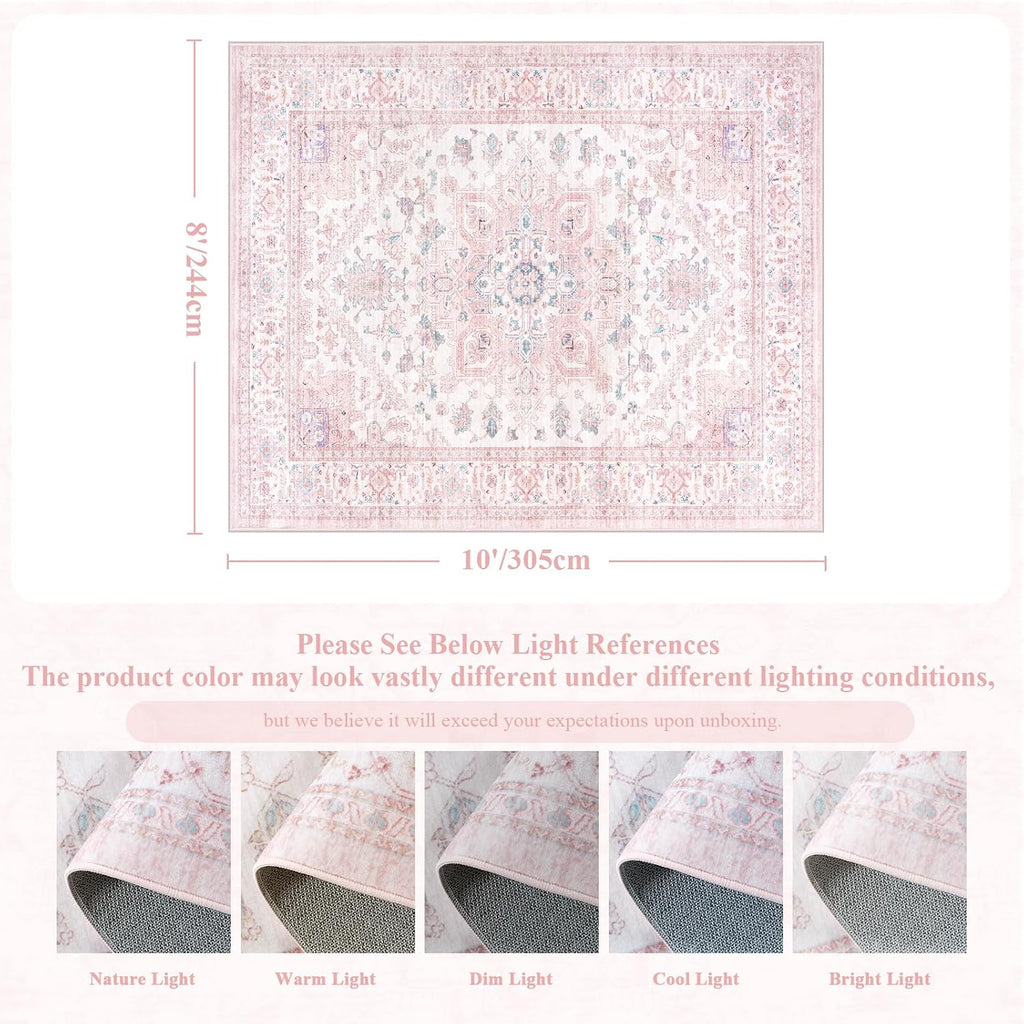 LIVEBOX Pink Washable Area Rug 8x10 - Large Vintage Tribal Living Room Rug Oriental for Bedroom, Non-Slip Retro Medallion Carpet Print Distressed for Dining Room Nursery Dorm Home Decor