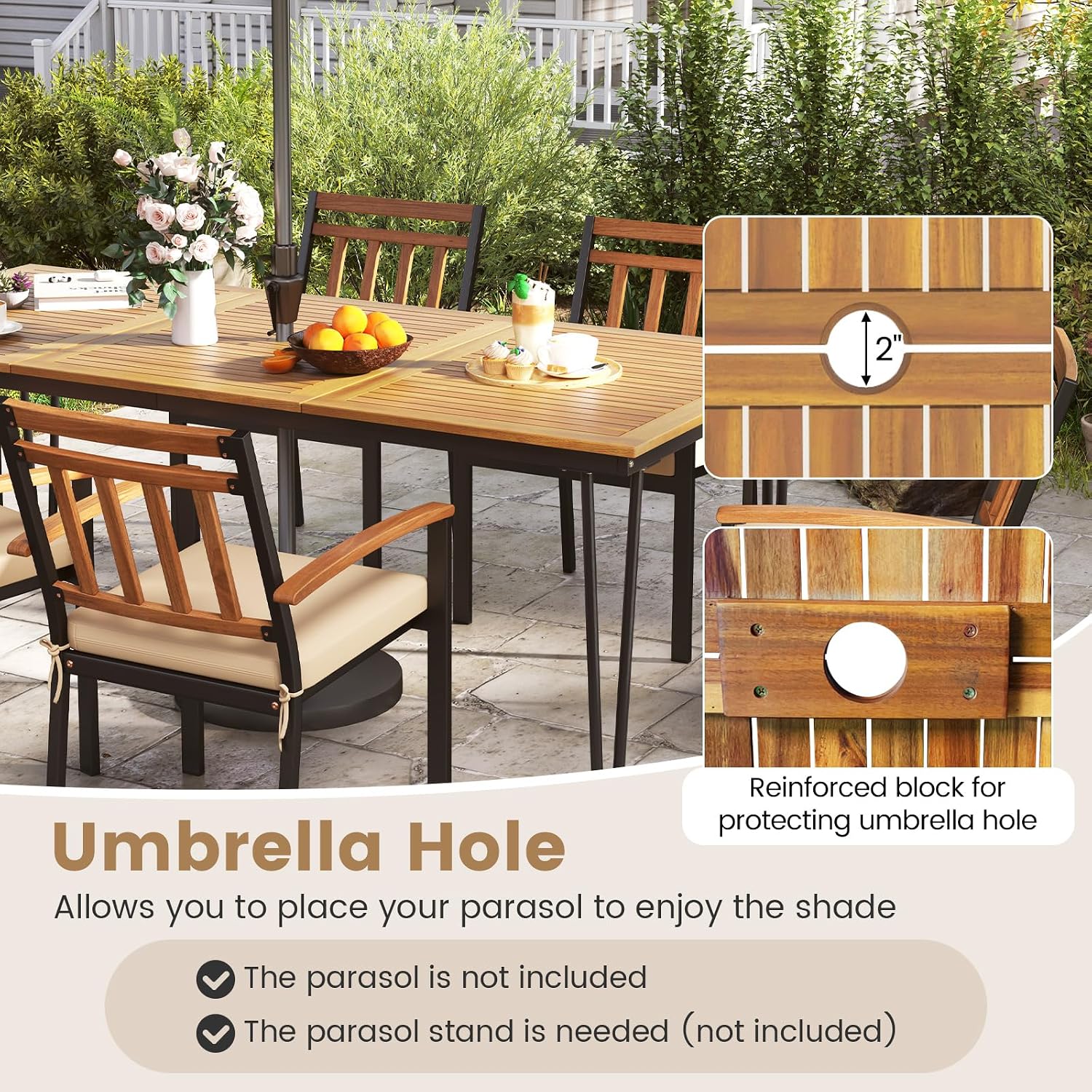 HAPPYGRILL Patio Dining Table for 8, 79' Rectangle Table with Acacia Wood Tabletop & Heavy Duty Metal Frame, Outdoor Dining Table with 2' Umbrella Hole for Backyard, Lawn & Garden