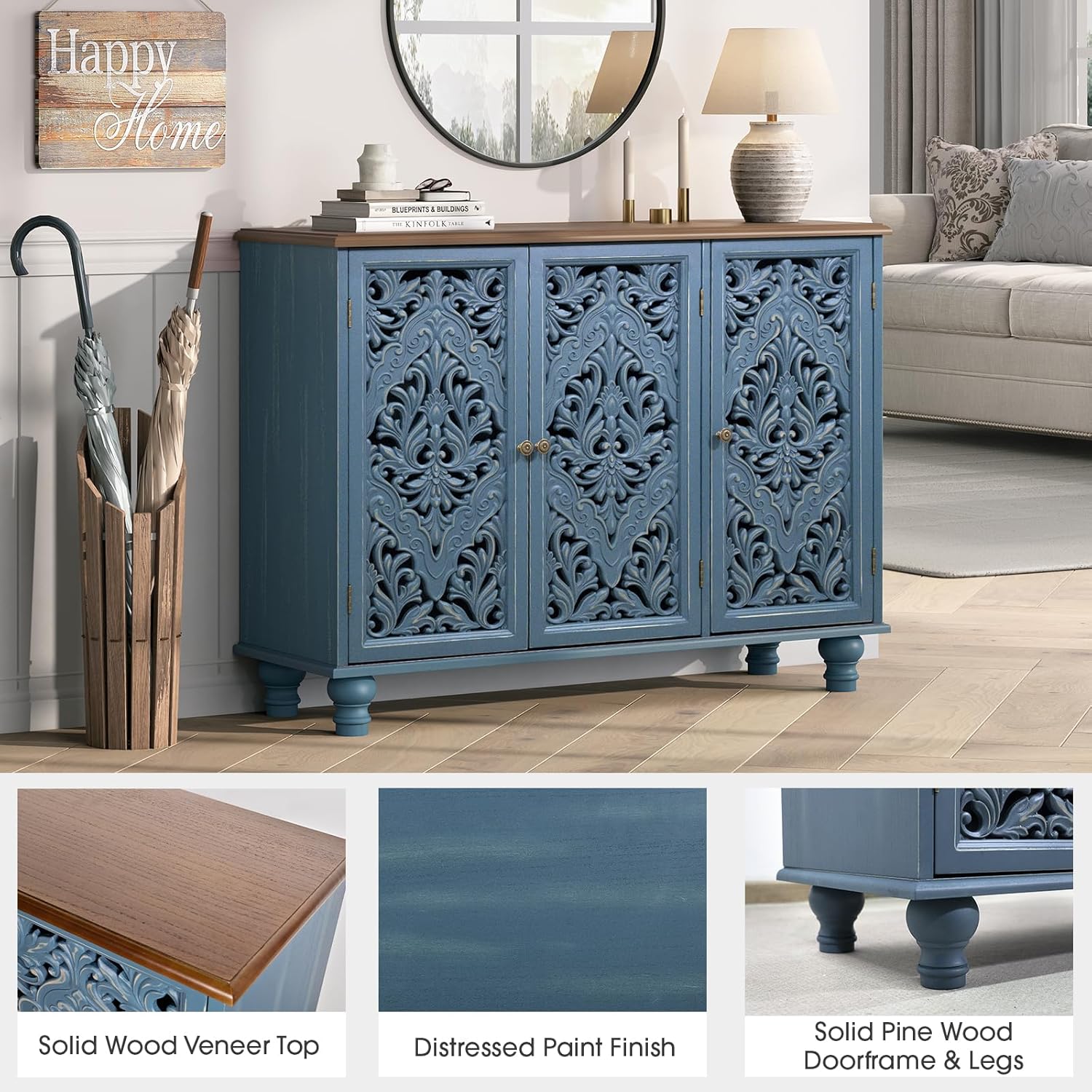 JOINICE Accent Cabinet with 3 Carved Doors, Distressed Sideboard Buffet with Storage & Solid Wood Legs, 43' Vintage Console Table for Living Room,Entryway,Coffee Bar,Hallway(Blue & Walnut)