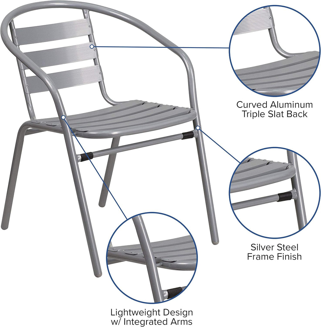 Flash Furniture TLH-0731SQ-017CSV2-GG Lila 23.5'' Square Glass Table with 2 Metal Aluminum Slat Stack Chairs, Silver