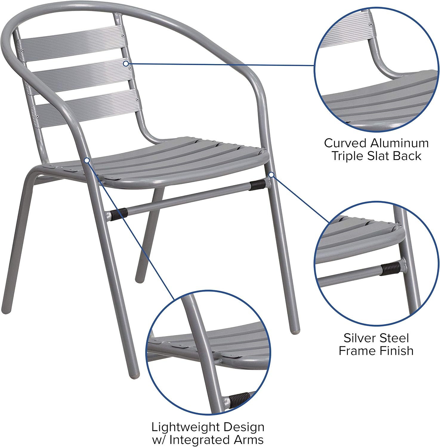Flash Furniture TLH-0731SQ-017CSV2-GG Lila 23.5'' Square Glass Table with 2 Metal Aluminum Slat Stack Chairs, Silver