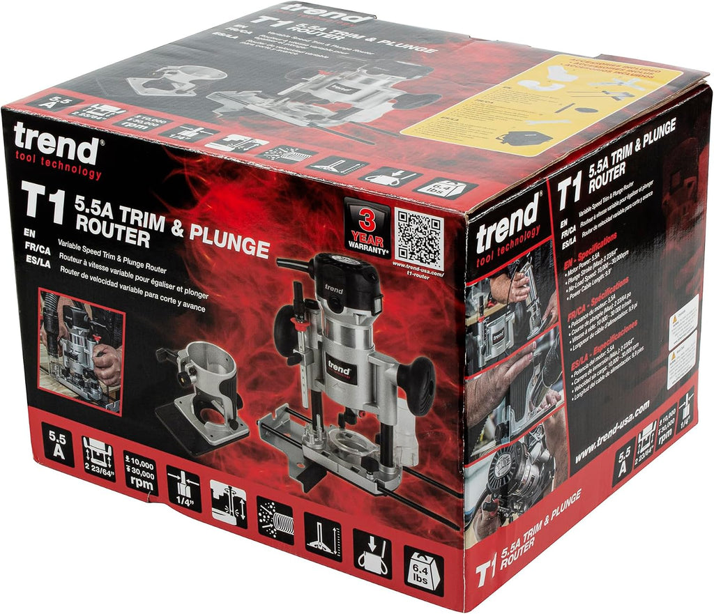 Trend T1 Dual-Base Trim & Plunge Router, 1/4 Inch Collet, 5.5A, 120V, Compact Precision Cutting Woodworking Power Tool, U*T1EPS