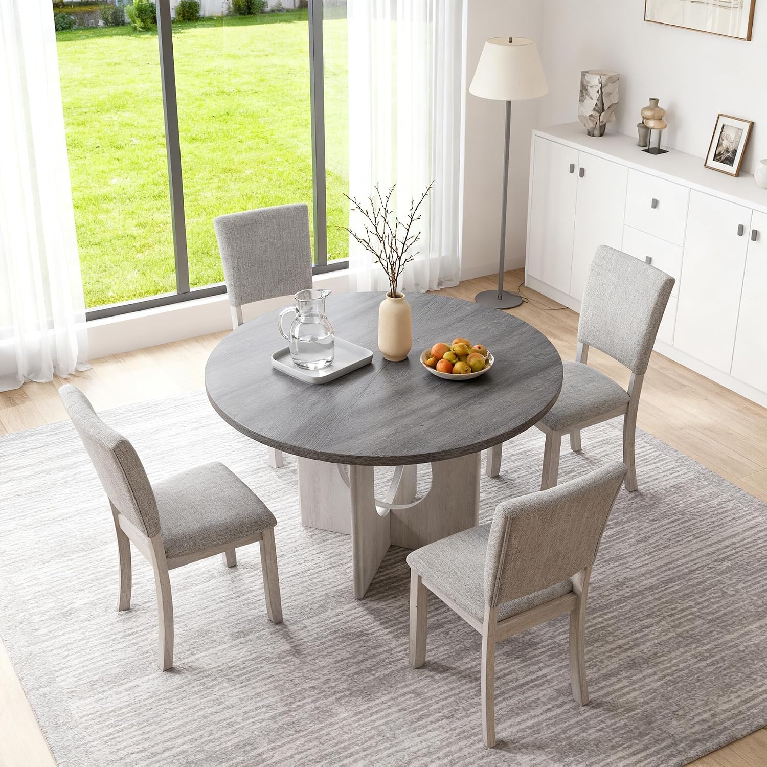 leovanni Round Dining Table Set for 4, Kitchen Table with 4 Upholstered Chairs, 5-Piece Wood Dining Table and Chairs Set for Kitchen, Dining Room, Living Room, Gray