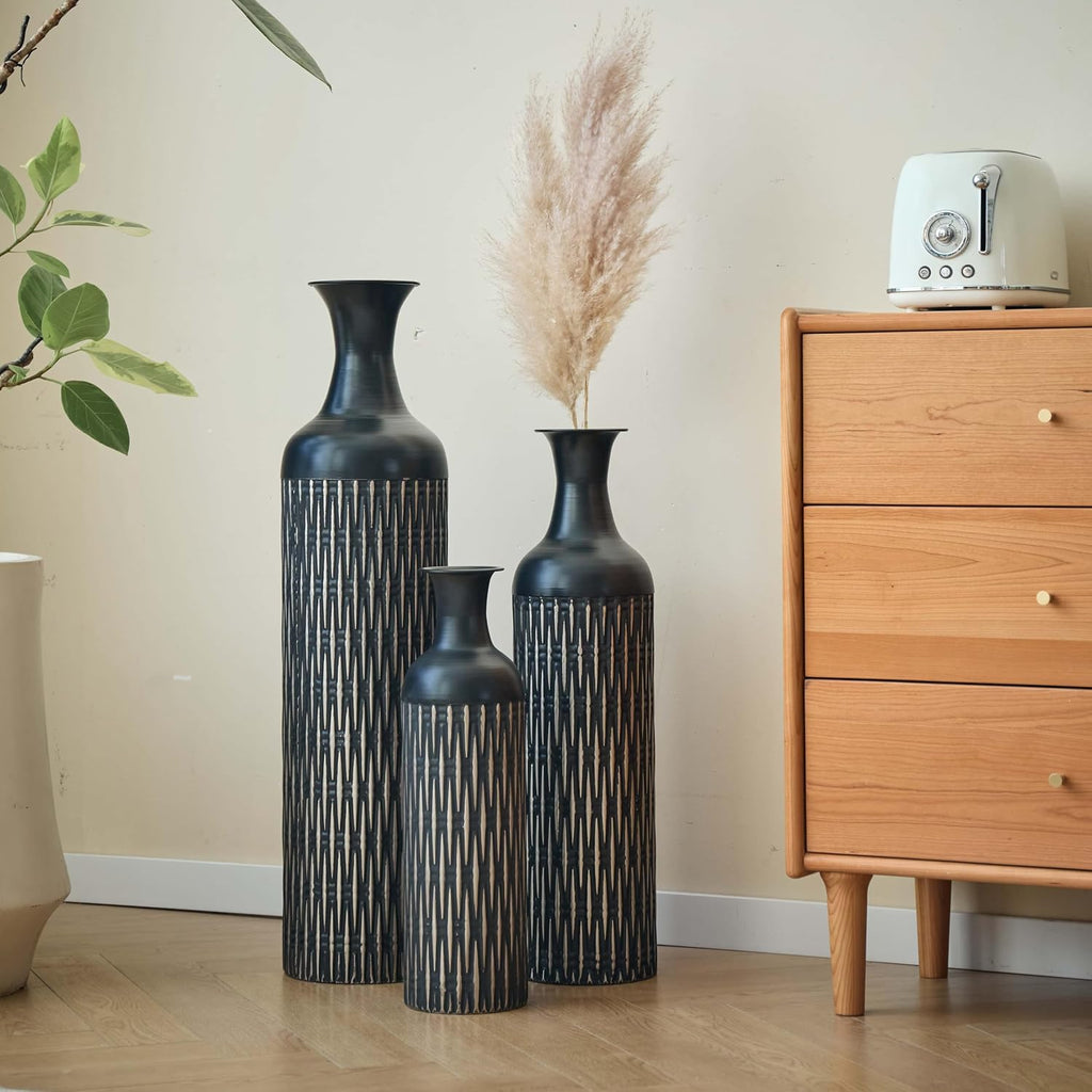 Decorative Metal Floor Vases Set of 3, Tall Black Vases with Textured Pattern for Modern Home Decor, Large Floor Vase for Living Room Entryway, Metal Vases for Pampas Grass (Black- Tall Vases)