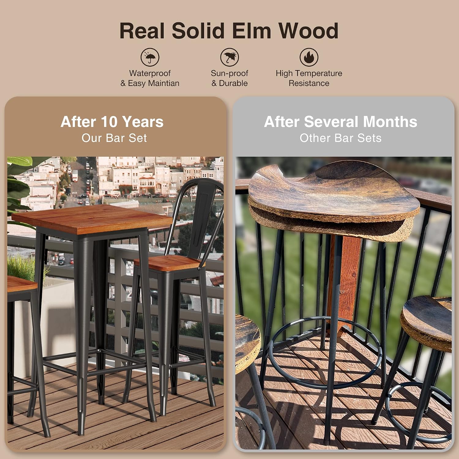 Aiho Bar Table and Chairs Set, Pub Table and Chairs Set of 2, with Elm Solid Wood and Thickened Metal Frame, for Bar, Small Space, Bistro Cafe