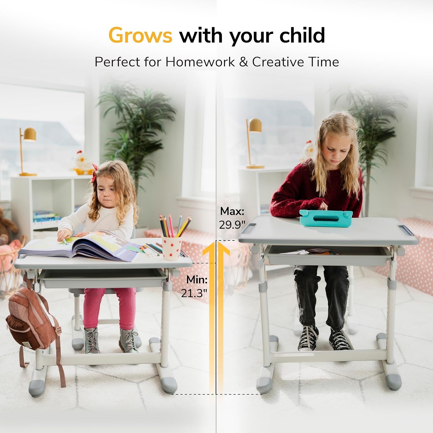 Mount-It! Kids Desk and Chair Set Height Adjustable up to 30' Ergonomic for School - Table and Chairs for Student 26' x 18' Tabletop with Pencil Drawer, 3-10 Age Children, Grey