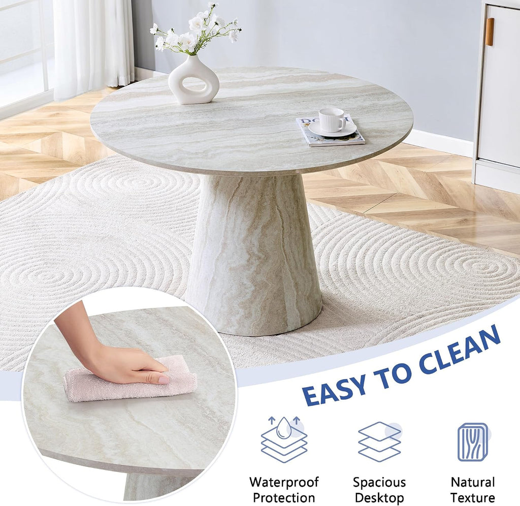 Faux Marble Round Dining Table for 4-6, 45' Modern Farmhouse Round Kitchen Table with 1' Thickened Wood Top & Stable Pedestal for Dining Room,Living Room,Apartment,Restaurant(Beige)