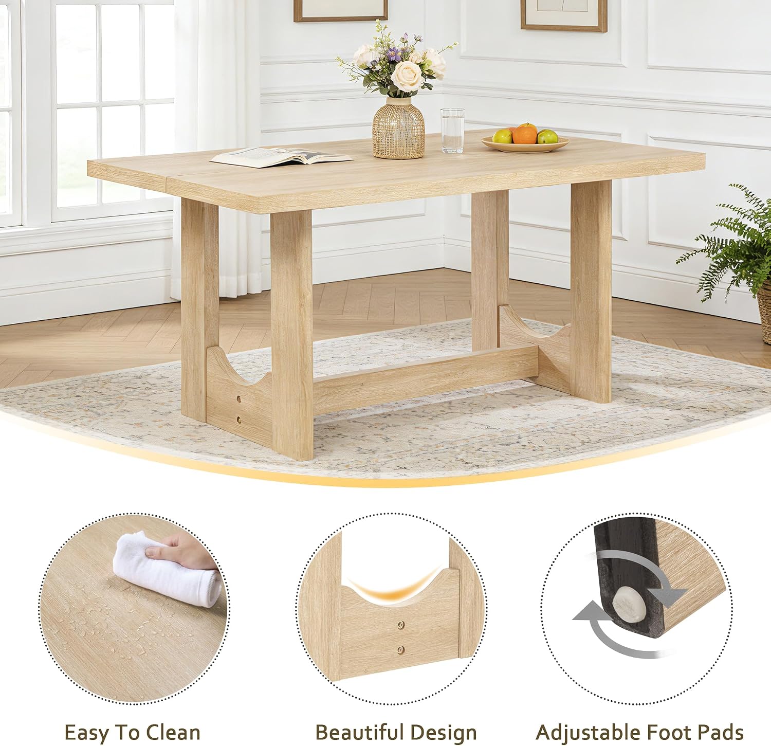 KEIKI 6-Piece Standard Height Dining Table Set with Rectangular Table, 4 Upholstered Curved Backrset Chair, Bench, for 6 Person, Modern Table Set, Easy Assembly, for Kitchen, Dining Room, Beige