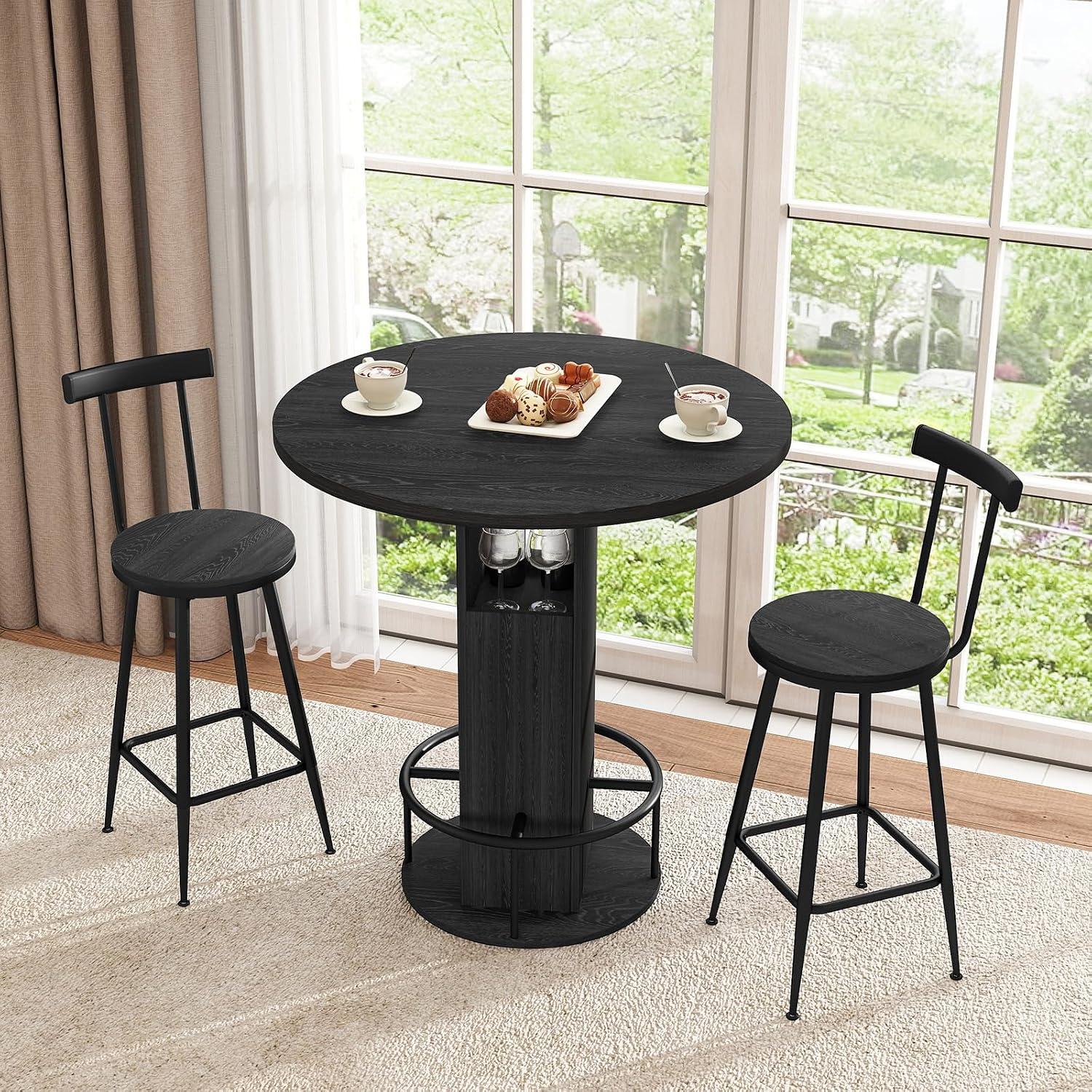 Kiivakii 31.5' 3 Pieces Round Bar Table Set, Pub Table and Chairs for 2, Kitchen Bar Table with 2 Stools & Built-in Storage, Small Dining Table Set for Dining Room, Bistro & Small Space, Black