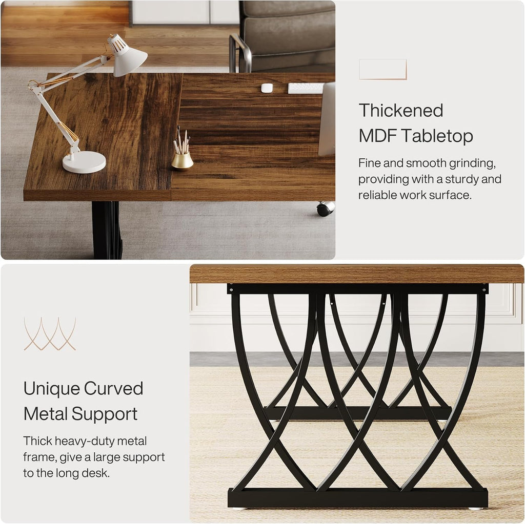 Tribesigns 6 ft Conference Table for 6-8 People, 70.86-Inch Rectangle Meeting Seminar Table with Unique Curved Metal Support for Home Office, (Without Chair, Retro Brown & Black) (2)