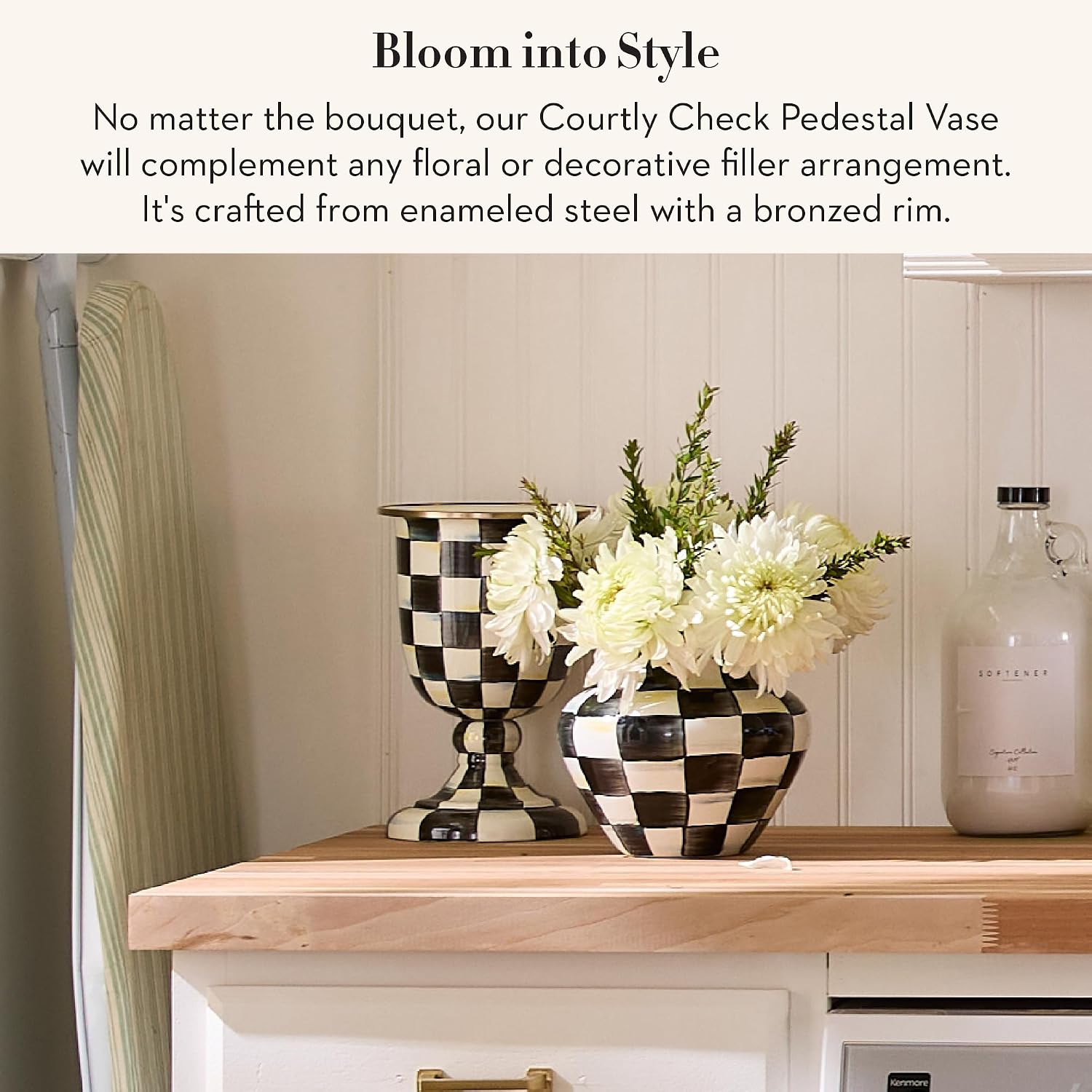 MACKENZIE-CHILDS Pedestal Vase, Decorative Centerpiece and Flower Holder, Black-and-White Courtly Check