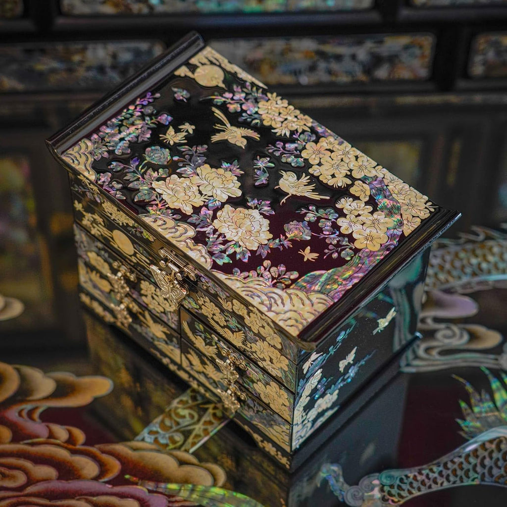 February Mountain Mother of Pearl Jewelry Organizer Box – Anniversary Christmas Graduation Birthday gifts for women Mother's day gifts for mom from daughter (Plum Blossom)