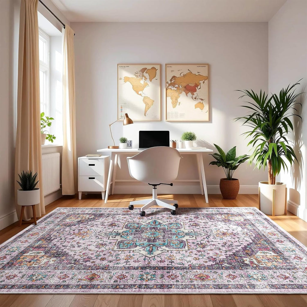 Softlife Washable Area Rug for Living Room, 8x10 Purple Large Boho Accent Rugs for Bedroom Bathroom Kitchen Under Dinning Table, Neutral Non-Slip Carpet for Nursery Kids Laundry Dorm Home Decor