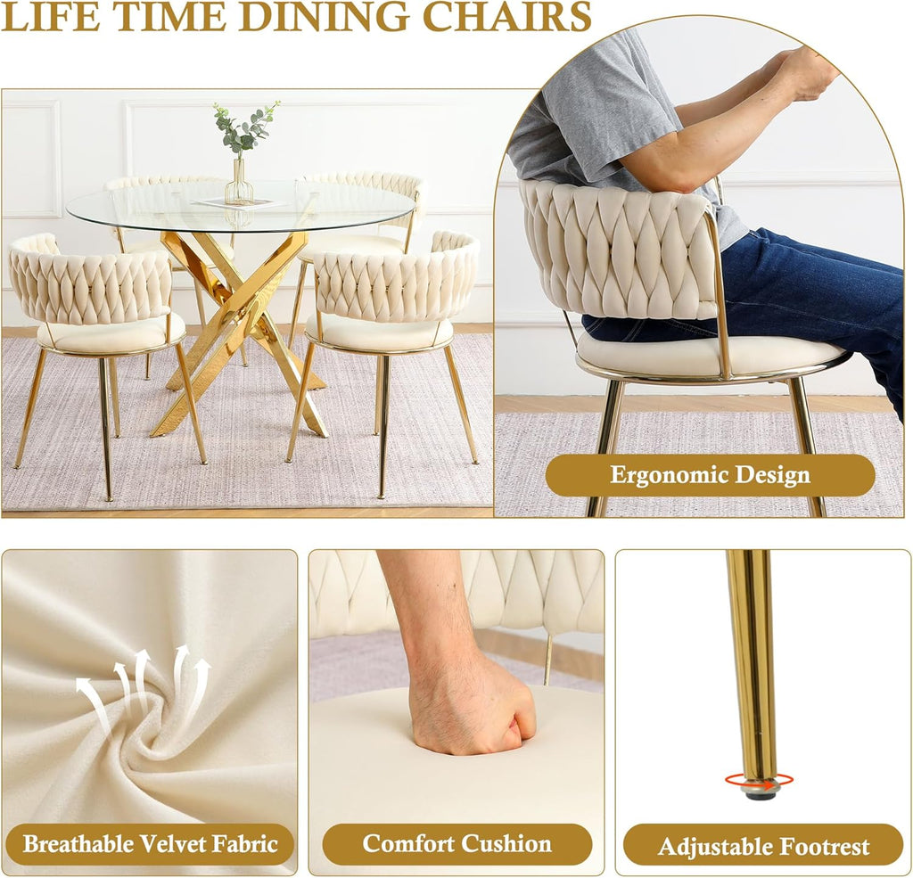 Round Glass Dining Table Set for 4, 36'' Small Circle Glass Kitchen Table with 4 Luxury Beige Gold Velvet Dining Chairs, 5-Piece Dining Room Table Set for Small Place(Gold Base)