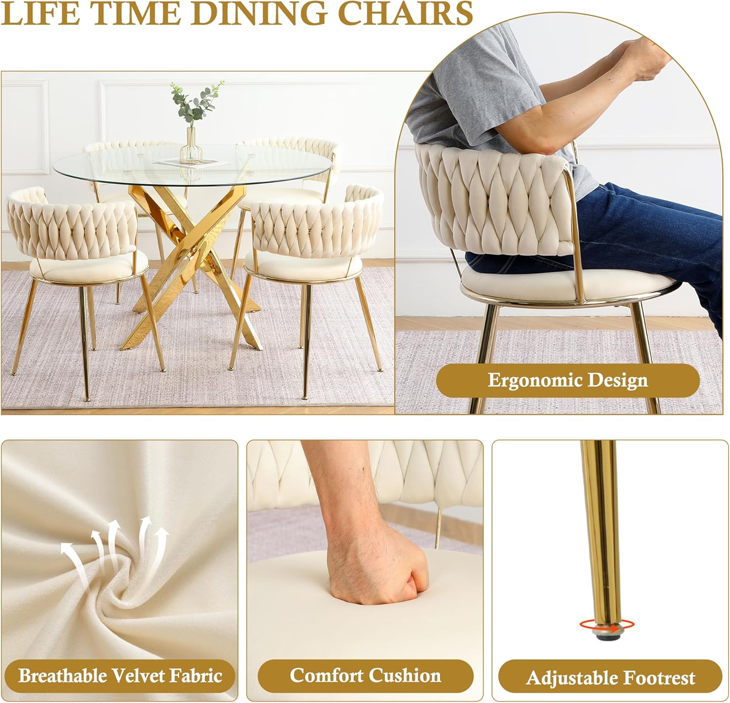 Round Glass Dining Table Set for 4, 36'' Small Circle Glass Kitchen Table with 4 Luxury Beige Gold Velvet Dining Chairs, 5-Piece Dining Room Table Set for Small Place(Gold Base)