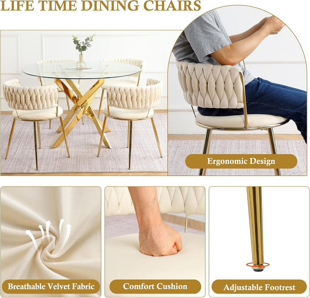 47'' Round Glass Dining Table Set for 4, Modern Glass Kitchen Table Set with Gold Base & 4 Luxury Beige Gold Velvet Dining Chairs, 5-Piece Circle Dinner Table Set for Home Apartment