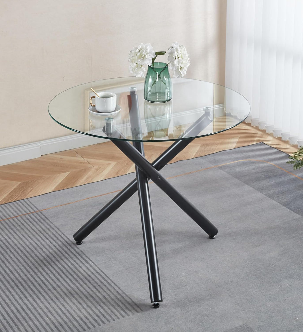 36' Round Dining Table for 4, Modern Clear Glass Kitchen Table for 4 with Black Cross Metal Legs, Contemporary Small Circle Dining Room Leisure Tables for Kitchen Apartment