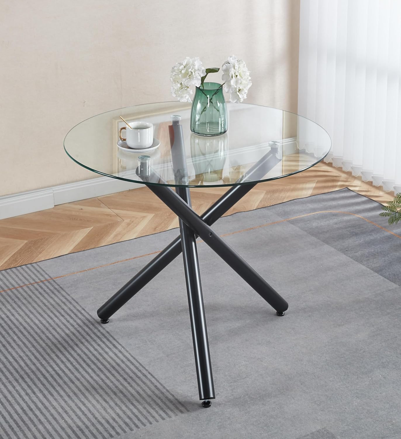 36' Round Dining Table for 4, Modern Clear Glass Kitchen Table for 4 with Black Cross Metal Legs, Contemporary Small Circle Dining Room Leisure Tables for Kitchen Apartment