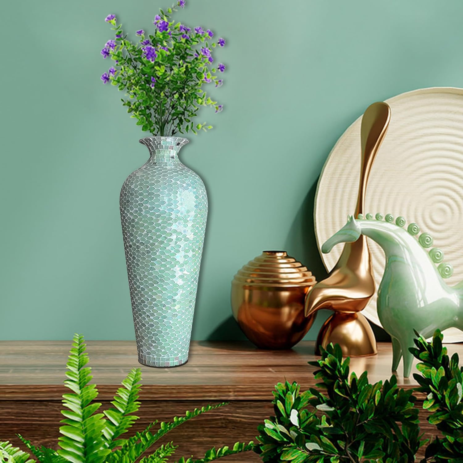 20' Mint Green Iron Mosaic Floor Vase – Tall, Handmade Decorative with Geometric Pattern for Centerpieces, Home Décor, Living Room, Bedroom, Tabletop