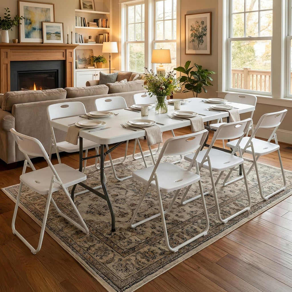 8FT Foldable Table Set with 10 Pack Plastic Folding Chairs, Heavy Duty 350 lbs Folding Table & Folding Chairs, Portable Foldable Furniture Bundle for Parties, Wedding, Events, Indoor & Outdoor