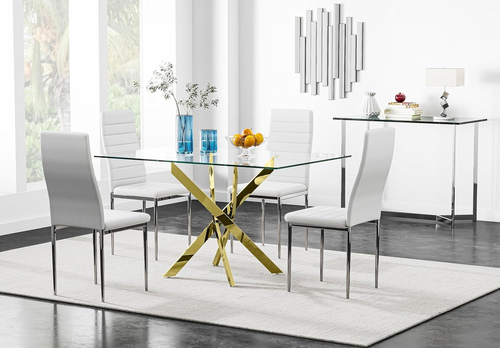 Tempered Glass Dining Table with Chromed Legs, 47' Modern Rectangular Kitchen Table for Dining Room Kitchen,Gold
