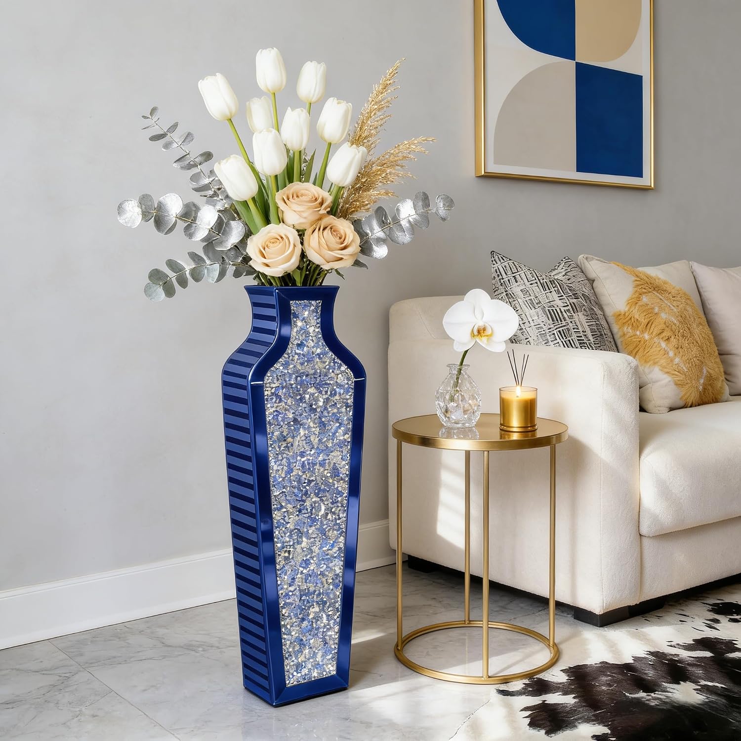 SHYFOY Blue Crushed Diamond Floor Vase, Large Mirrored Tall Vases for Floor, Modern Glass Decorative Vases for Living Room Bedroom Home Corner Indoor Office, 26.8' Tall