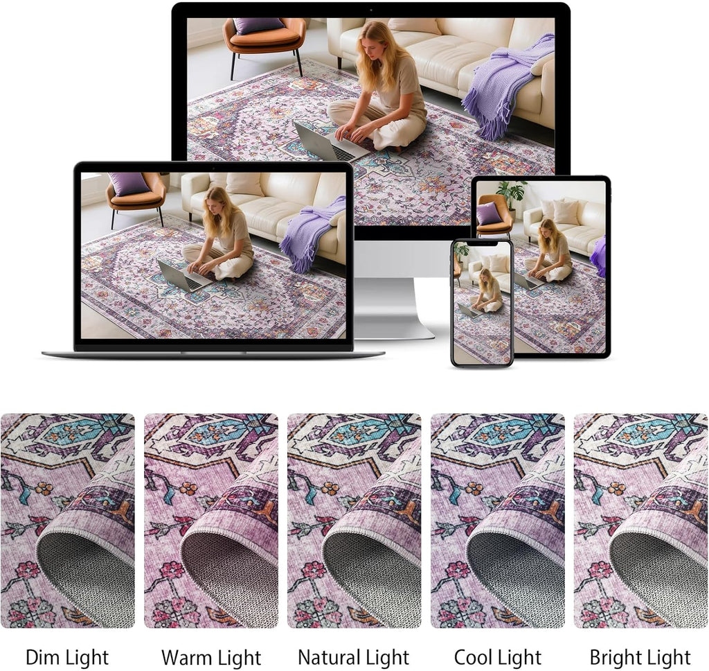 Softlife Washable Area Rug for Living Room, 8x10 Purple Large Boho Accent Rugs for Bedroom Bathroom Kitchen Under Dinning Table, Neutral Non-Slip Carpet for Nursery Kids Laundry Dorm Home Decor