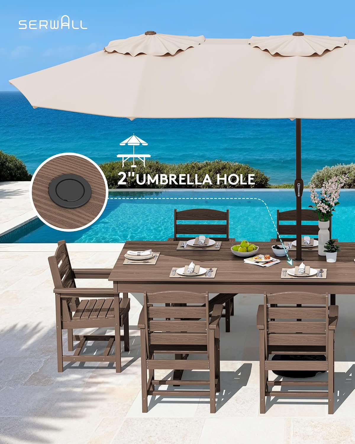 SERWALL Outdoor Dining Table, 84' Rectangular Dining Table for 6-10 Person, All Weather HDPE Patio Dining Table with Umbrella Hole for Backyard, Garden, Brown