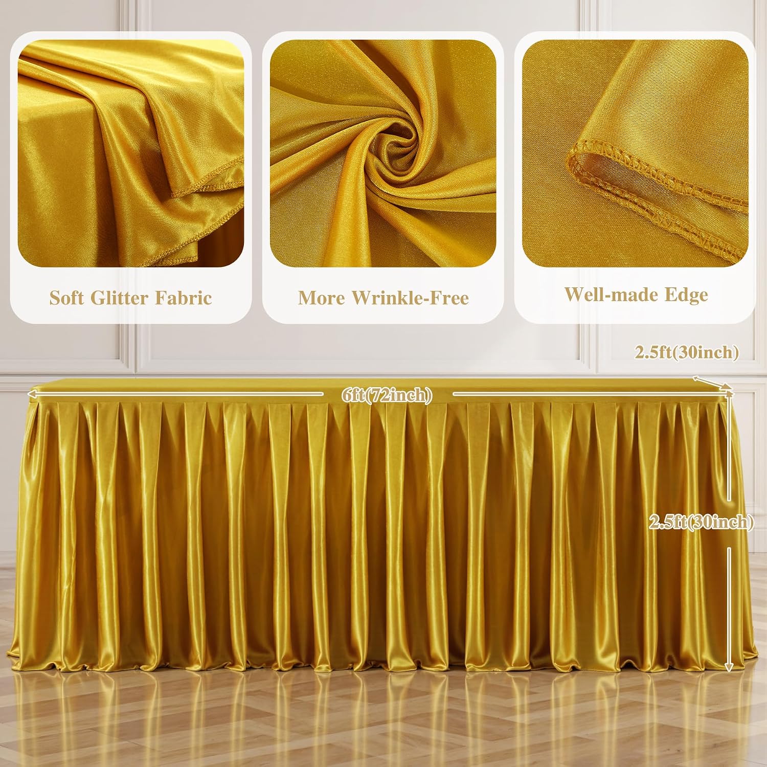 4 Pack 6FT Gold Satin Tablecloths for Rectangle Tables - Shiny Spandex Party Table Cover with Pleated Table Skirt, No-Wrinkle & Glossy Wedding Tablecloth One-Piece for Birthday Baby Shower Banquet