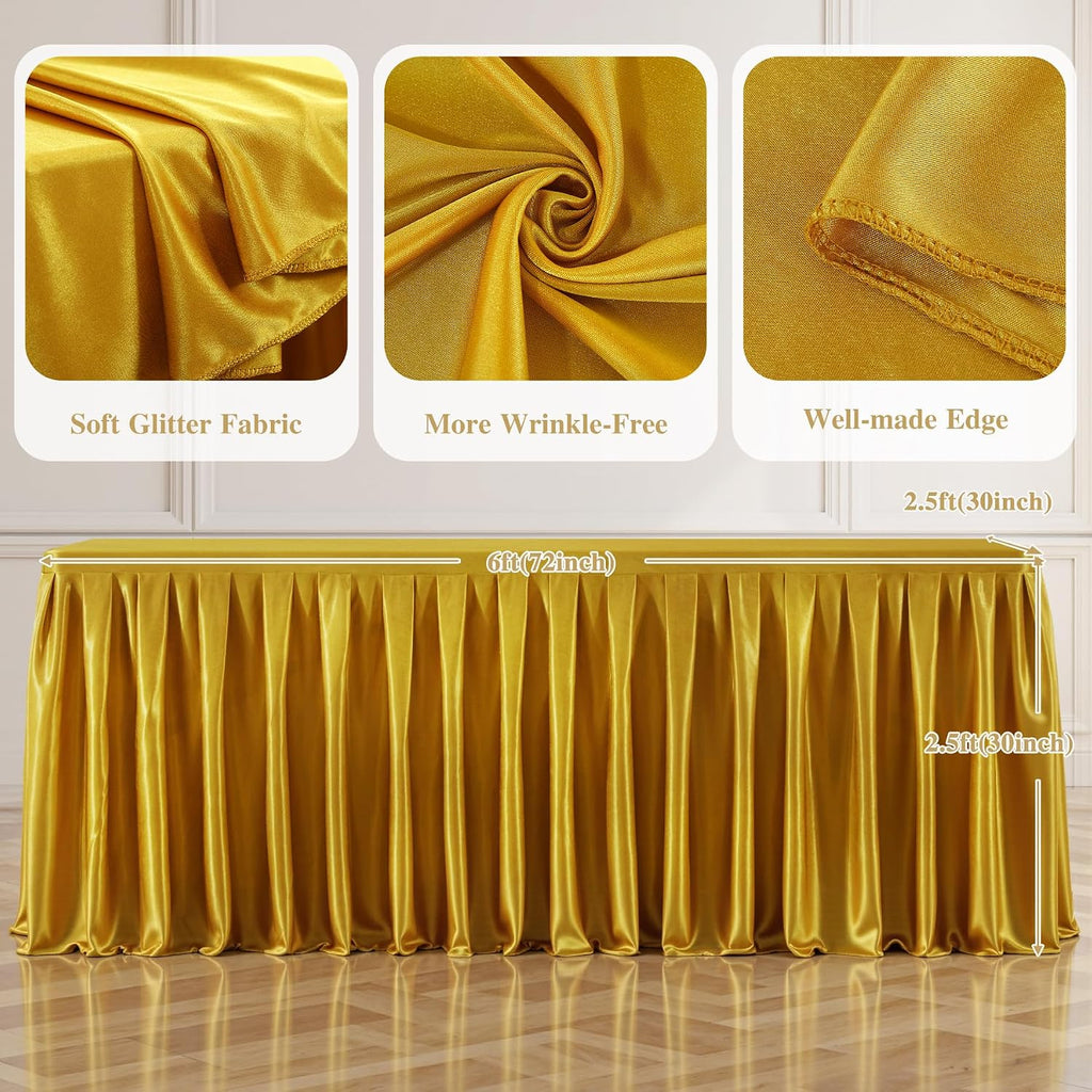 6 Pack 6FT Gold Satin Tablecloths for Rectangle Tables - Shiny Spandex Party Table Cover with Pleated Table Skirt, No-Wrinkle & Glossy Wedding Tablecloth One-Piece for Birthday Baby Shower Banquet
