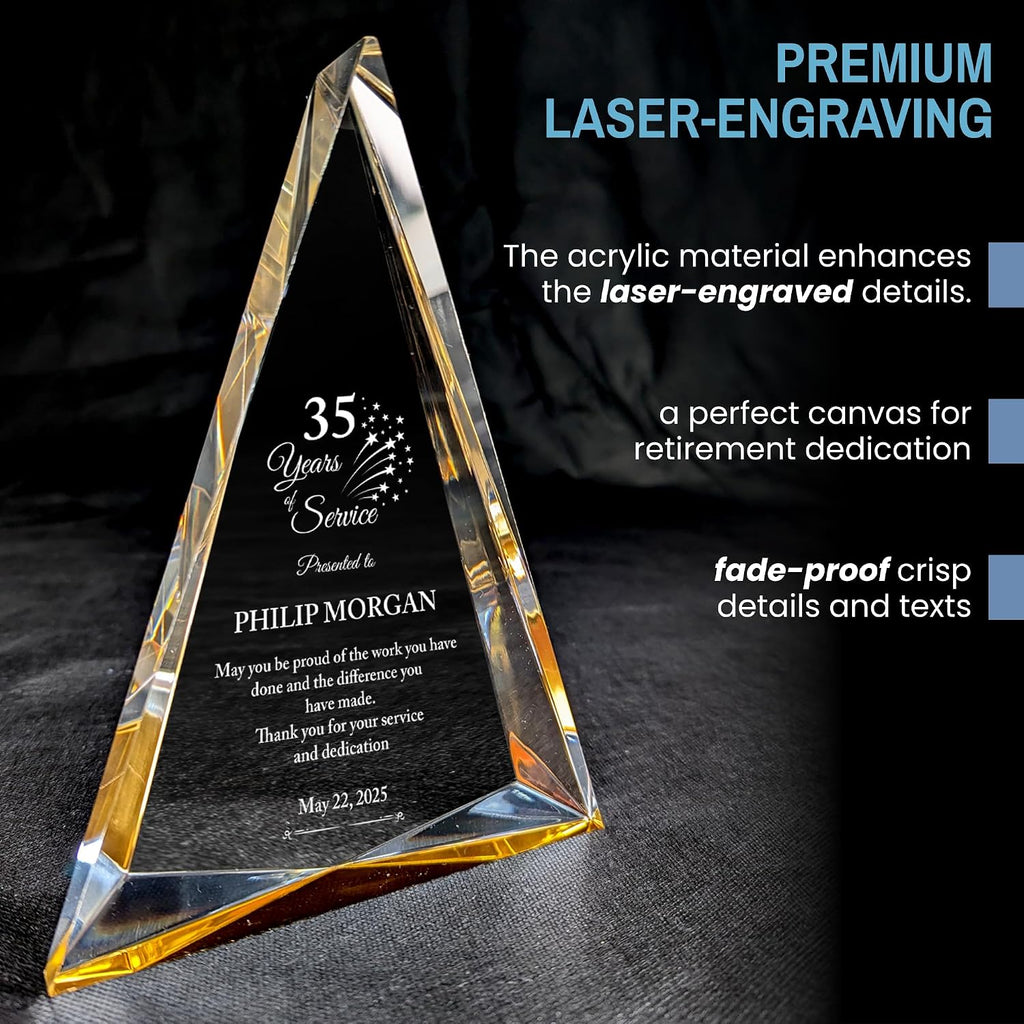 Personalized Acrylic Retirement Gifts For Men and Women, Laser Engraved Custom Trophy for Service Recognition, Years Of Service Retirement Trophy Award for Boss, Employee, Teacher (Gold Pinnacle)