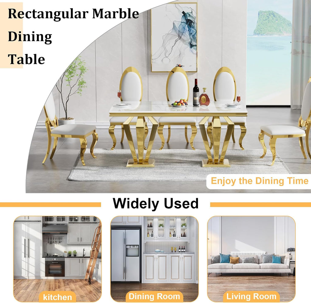 68' White Marble Dining Table for 6-8, Mid Century Modern Dining Table with Faux Marble Top & Gold Mirrored Dimaond Shape Stainless Steel Base, Luxury Rectangular Dinner Table for Kitchen Dining Room
